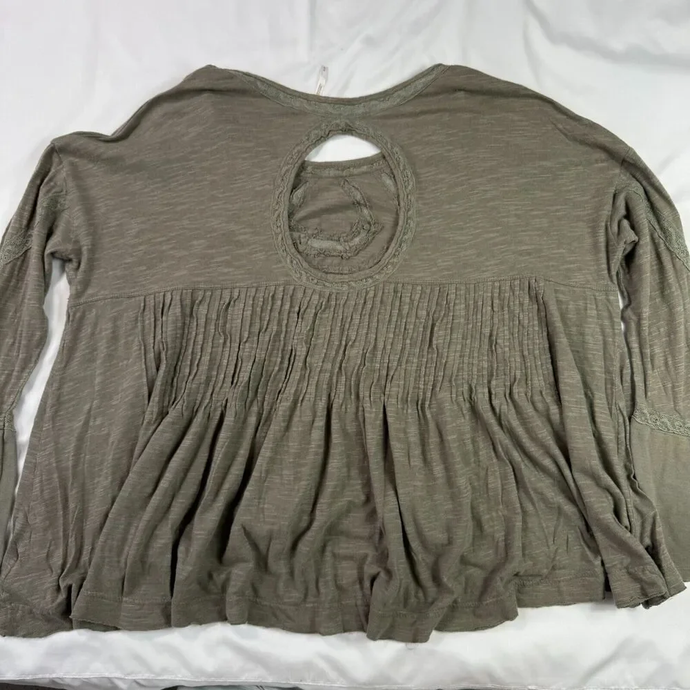 Free People Womens M Smoke Green Lace Trim Babydoll Blouse Key Hole Back